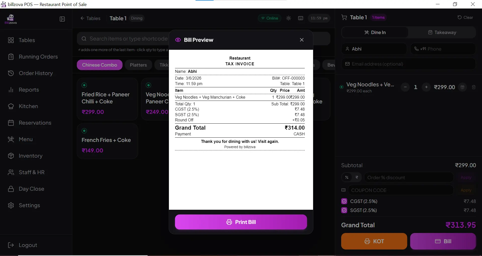 billzova sequential GST invoice number Indian financial year bill print preview restaurant