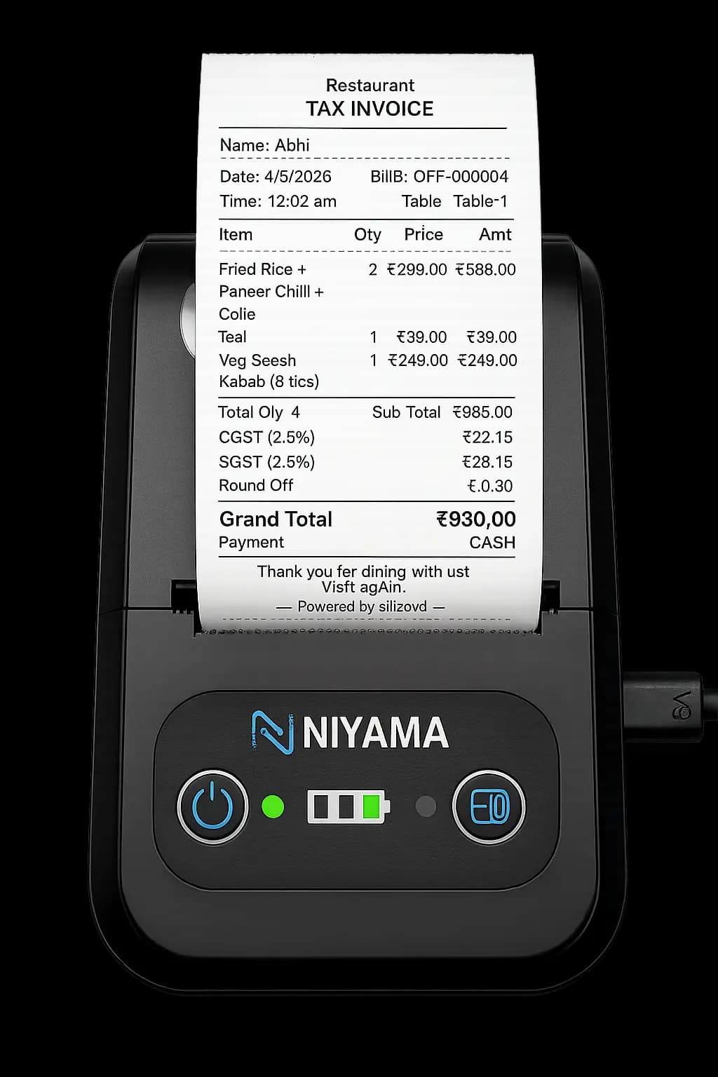 billzova restaurant GST bill printed thermal printer India