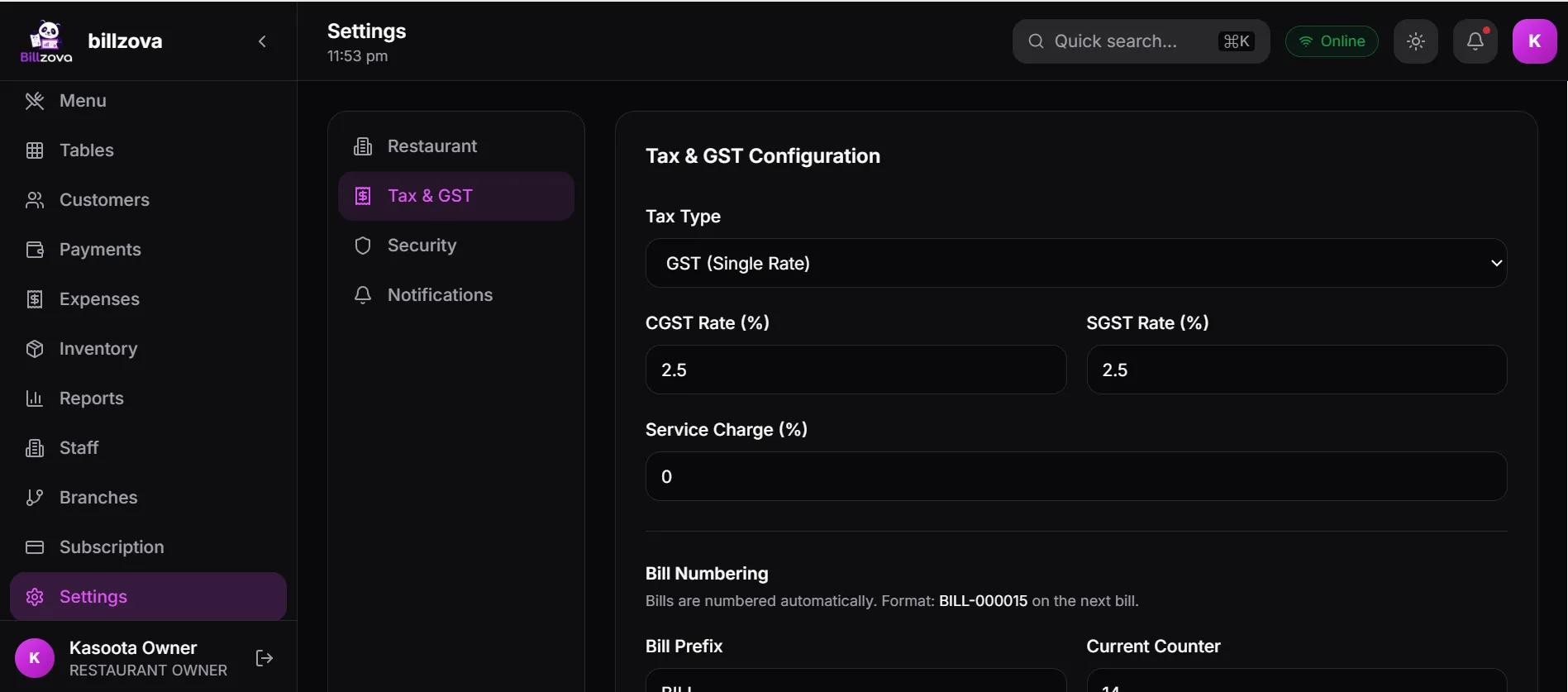 billzova GST HSN SAC menu setup help