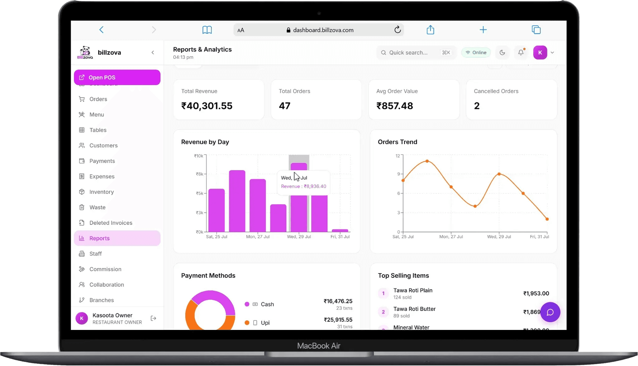 billzova POS restaurant billing software India GST compliant